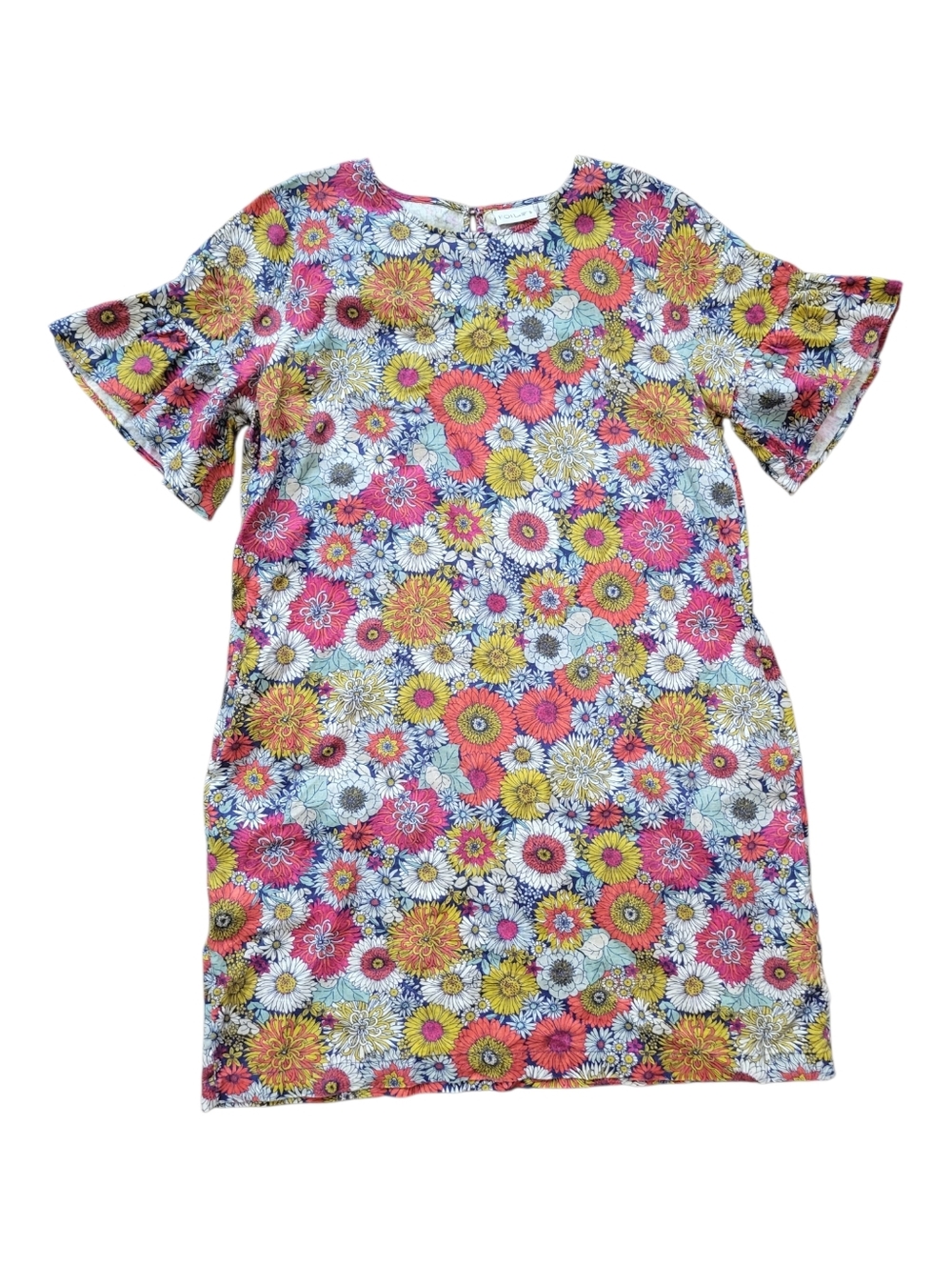 Foil Linen Dress Floral Print Ruffle Short Sleeves Garden Flower Multi Color 14